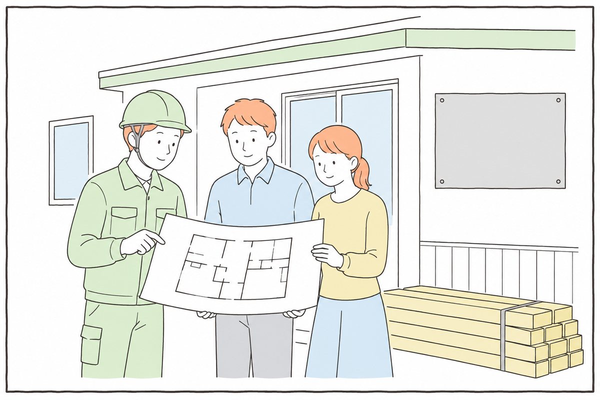 工務店の前で職人と夫婦が住宅の図面を見るイラスト