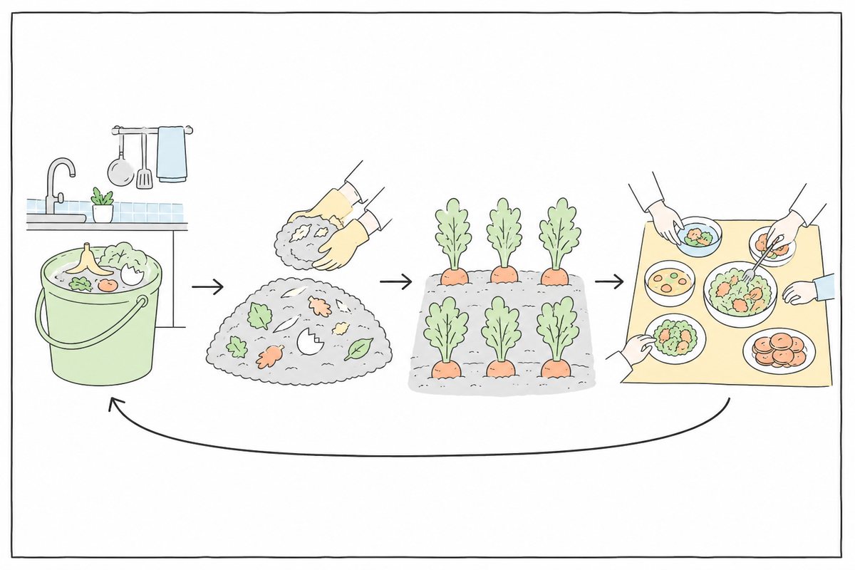 生ごみから堆肥、畑の野菜、食卓へとつながる循環のイラスト