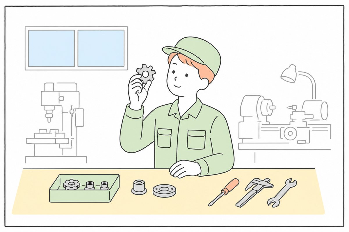 町工場の作業台で小さな金属部品を確かめる作業者のイラスト