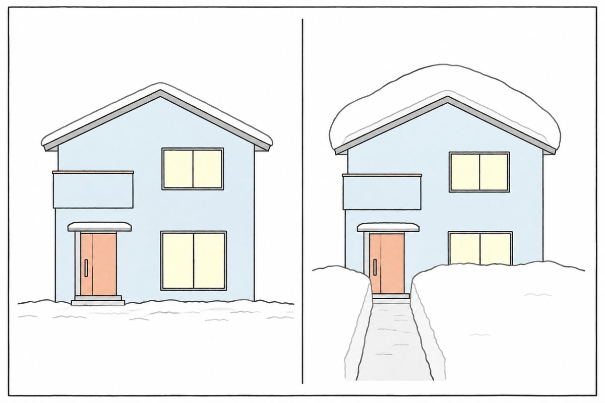 雪が少なく積もった家と深く積もった家を並べたイラスト