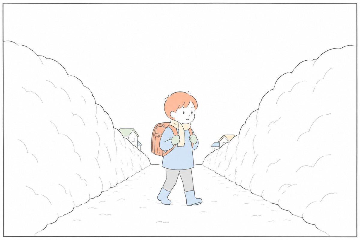 雪の壁の間の通学路を歩く子どもたちのイラスト